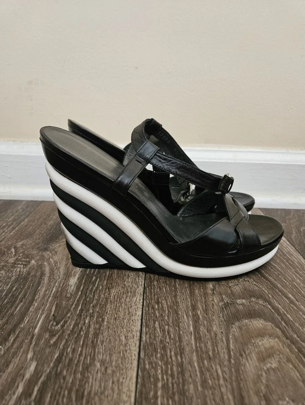 Stuart Weitzman Black And White Wedge Ankle-Strap Sandals, Size 8.5